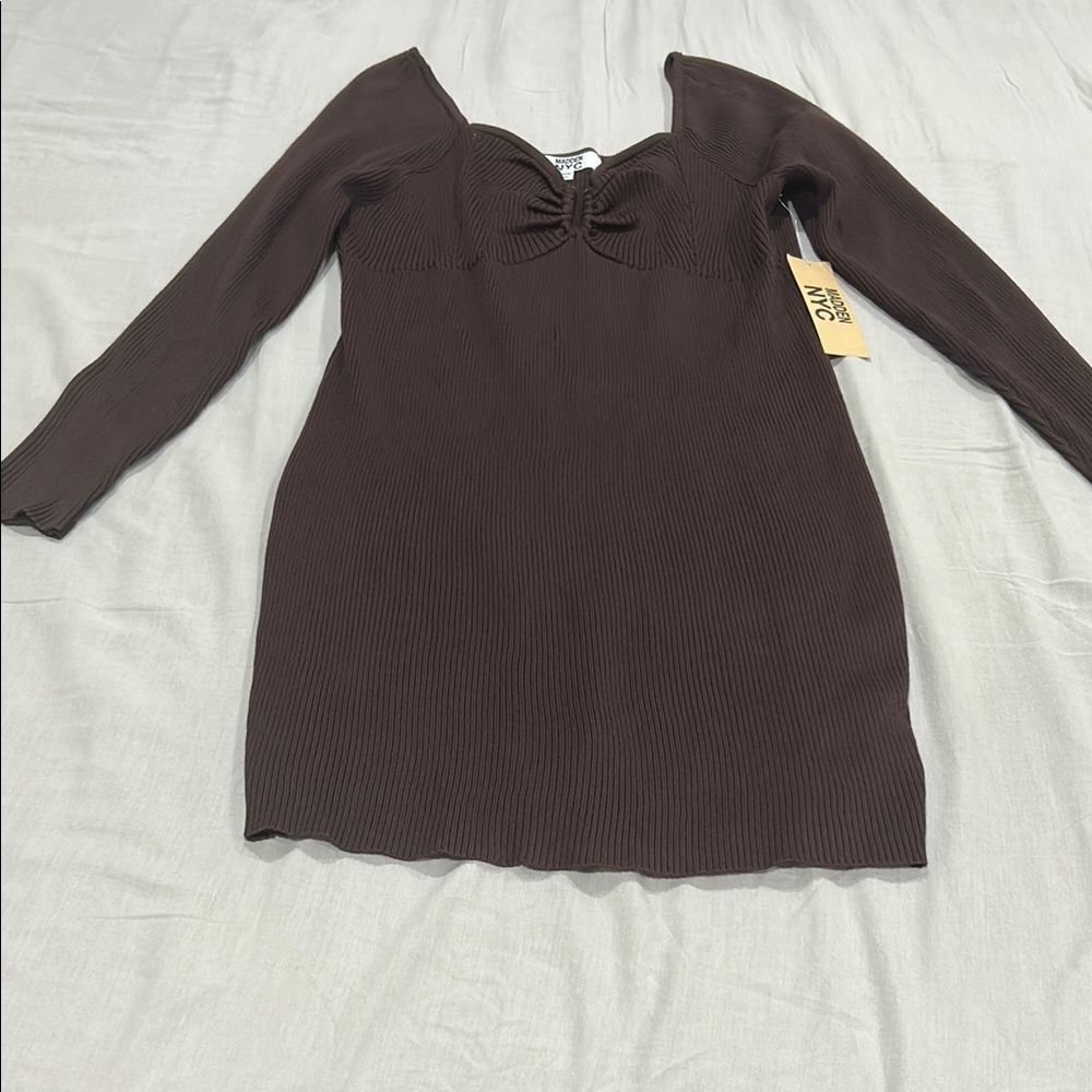 MADDEN NYC Elegant Brown Long Sleeve Dress